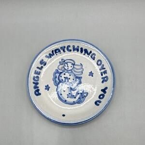Hadley Hand Painted Pottery Coaster Trinket Dish Angels Watching Over You VTG